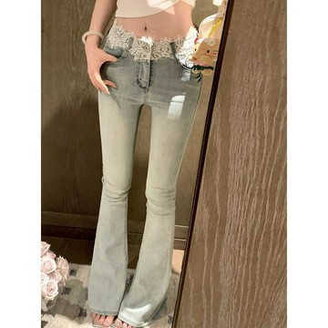 ♡ 𝑪𝒉𝒊𝒄 𝒖 ♡韓版復古微喇牛仔褲女秋季新款蕾絲拼接高腰修身顯瘦拖地馬蹄長褲