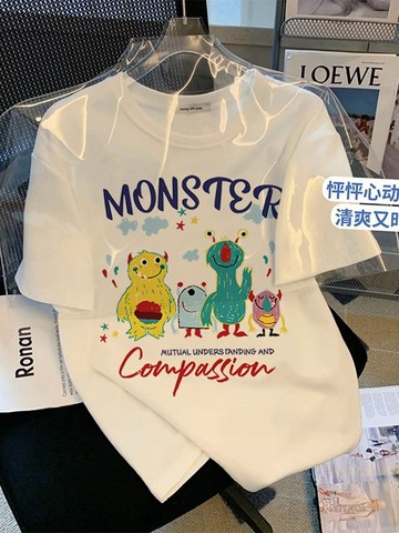 白色趣味怪獸短袖t卹夏季小眾設計感寬鬆上衣