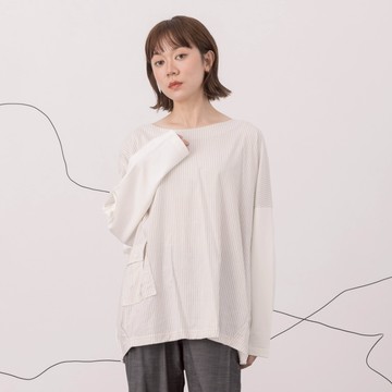 【MOSS CLUB】異材質條紋拼接落肩長袖上衣 藍 白