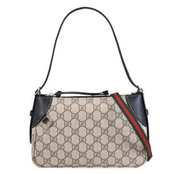 GUCCI 815218 GG Emblem 滿版印花LOGO紅綠背帶兩用提包.駝/黑