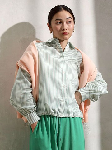 下擺抽繩剪裁素面/條紋襯衫(06000069800) - Green Parks