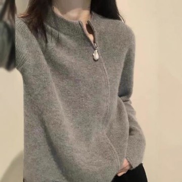 秋冬新款不對稱拉鏈山羊絨衫女羊毛外搭時尚針織開衫外套女毛衣潮