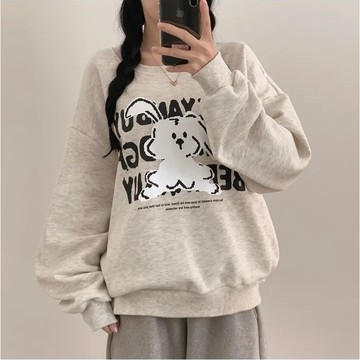 Vuja de 純棉圓領衛衣 大學t 薄衛衣 oversize 大學t 長袖 秋冬上衣 兔子印花 潮流衣服 刷毛 衣服女