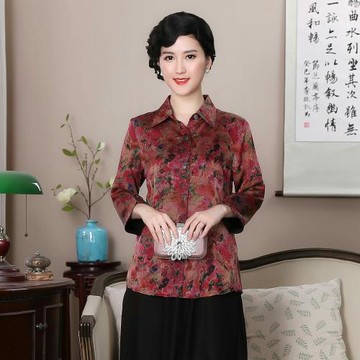 春夏季新款真絲香云紗長袖上衣中老年媽媽奶奶桑蠶絲玫瑰莨綢襯衫