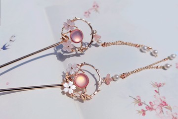 念念桃花齋原創設計莎莎珍珠流蘇發簪醋酸古風漢服發飾仙女棒一對