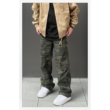 美式復古水洗迷彩工裝褲男寬鬆直筒闊腿百搭休閒褲男