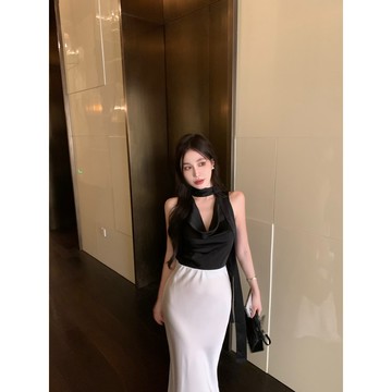S-XL 光澤感貴氣緞面上衣女+半裙兩件套 時尚掛脖御背心女 緞面包臀裙 名媛女裝 魚尾裙 長裙 黑色上衣 氣質套裝女