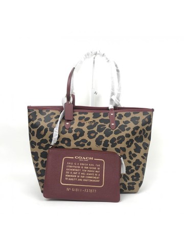 coach 棕色 City Tote 豹紋皮革托特包 手提包 肩背包