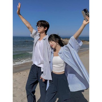 MRCYC條紋短袖襯衫男夏季寬松休閑襯衣韓系寬松通勤穿搭情侶半袖