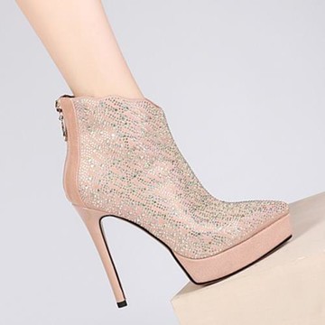 細跟短靴女2025秋冬新款防水臺超高跟氣質裸靴水鉆厚底尖頭馬丁靴