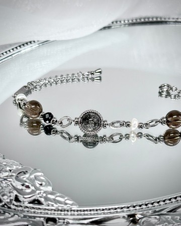 氣質蕾絲黑繃帶珍珠手鍊 - 醫療鋼/蕾絲黑髮晶/淡水珍珠/茶晶