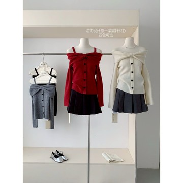 【太妮絲L264】現貨 蝴蝶結設計 一字領毛衣 露肩 辣妹毛衣 韓系 過年新衣 冬天女裝 針織上衣 針織毛衣 紅色毛衣