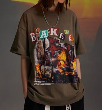 FINDSENSE X 2023 街頭時尚潮流 男士 寬鬆 燃燒汽車 半袖短T  特色短T 學生T