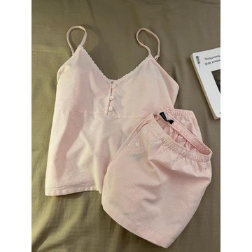 ✨精選好物✨甜美bm風吊帶 睡衣女 粉色條紋蕾絲花邊上衣 短褲 居家服 套裝 吊帶睡衣 細肩帶性感睡衣 睡衣女套裝