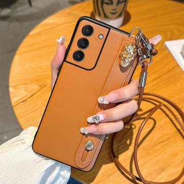 適用于三星s21手機殼高級感棕腕帶斜挎掛繩s21+個性時尚女款手機套s21Ultra鏡頭全包超薄防摔保護套
