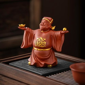 原礦紫砂財神爺茶寵小擺件招財可養茶道配件茶桌茶臺裝飾品