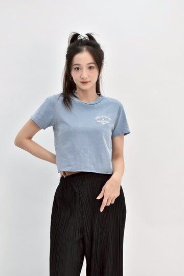 (S) qeh gaer修身短版質感棉質刺繡藍色短袖上衣