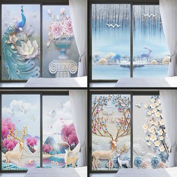 歐式麋鹿磨砂玻璃貼紙衛生間移門透光不透明防窺防走光窗戶靜電貼