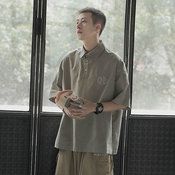 【男裝】臺灣出貨夏季男polo衫短袖寬鬆ins設計感小衆翻領t恤潮牌潮流百搭港風半袖