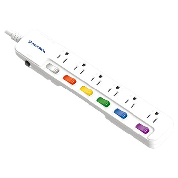 POLYWELL 寶利威爾 3孔電源延長線 6切6座 180cm PW15-T05-A038  6尺(180cm)  白色  1條