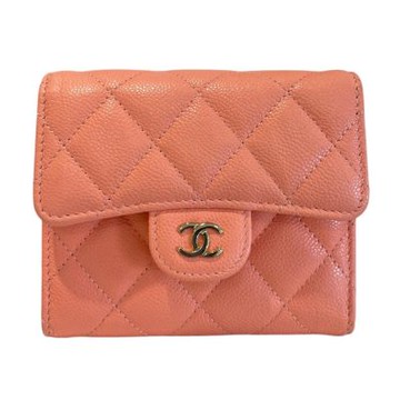 CHANEL 荔枝皮雙C釦式短夾 橘粉 展示品