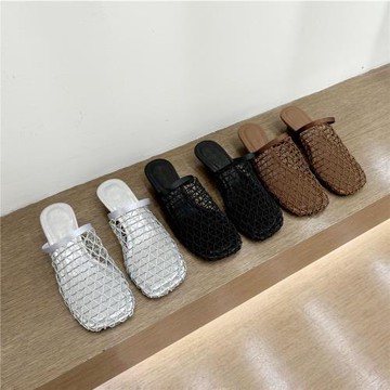 包頭半拖鞋女外穿2025年夏季新款小眾網面鏤空涼鞋透氣坡跟漁網鞋