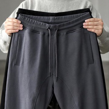 460G重磅束腳衛褲男運動抽繩黑色純棉小腳毛圈針織休閑褲子男秋季