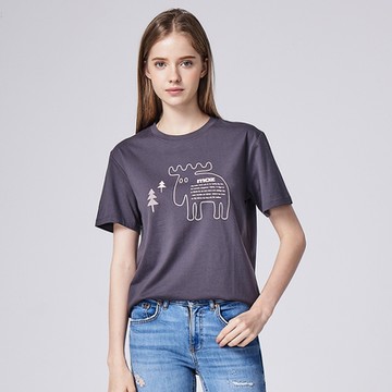 moz瑞典 森林駝鹿印花100%純棉短T-鐵灰(亞洲版)女款