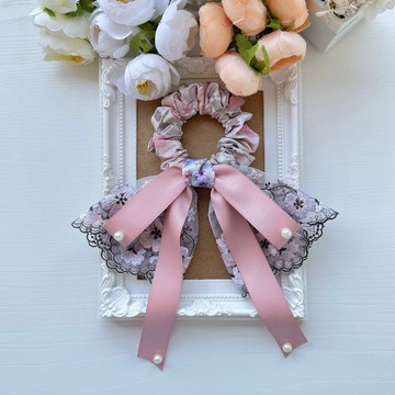 長尾蝴蝶結蕾絲浪漫風格棉布髮圈大腸圈髮飾-灰粉色