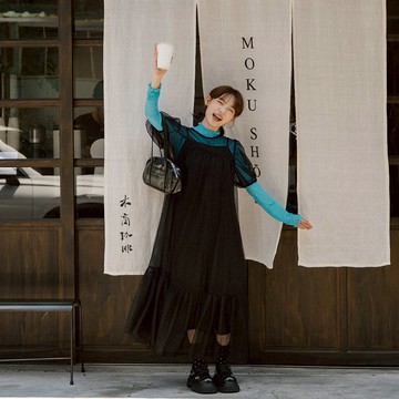 澎袖造型網紗兩件式長洋裝 兩色售 S/M