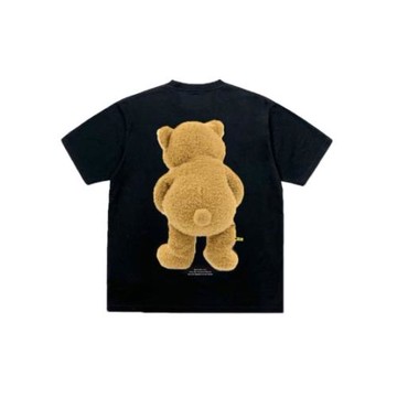 卡通小熊潮牌重磅純棉毛絨熊公仔印花寬松男女情侶短袖T恤tee