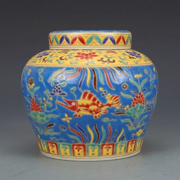 大明成化五彩魚藻紋天字罐景德鎮仿古瓷器古董古玩收藏真品擺件