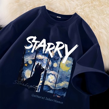 【隔日到貨！高品質】貓貓仰望星空印花短袖T恤300G純棉重磅短袖上衣休閒日系夏裝衣服百搭Oversize T恤大尺碼男裝