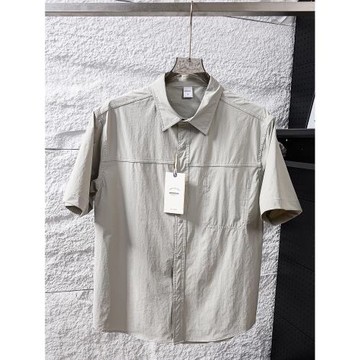 新款美式速干輕薄彈力寬松休閑圓擺翻領短袖襯衫男士夏季半袖上衣