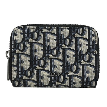 Christian Dior 浮雕LOGO緹花ㄇ字拉鍊風琴式零錢包.深藍