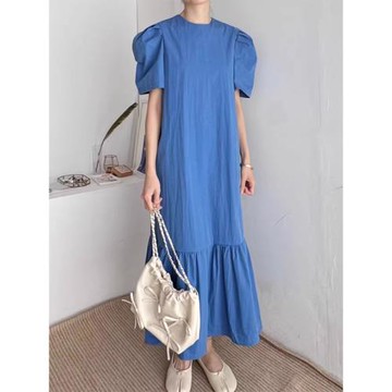 韓國chic夏季復古氣質圓領顯白寬松拼接荷葉邊泡泡袖連衣裙長裙女