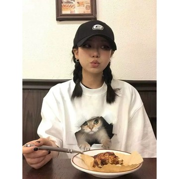 Muun Studio 100%純棉重磅260克短袖白色T恤女寬松百搭小貓印花上衣