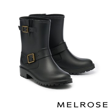 雨靴 MELROSE 美樂斯 簡約雙飾釦防水厚底短雨靴－黑