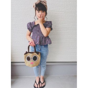 90~140碼23夏nacostyle出口日系gw女童格子褶皺松緊純棉襯衣洋裝