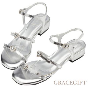 【Grace Gift】夢露日常愛心水鑽雙帶繞踝中跟涼鞋 銀