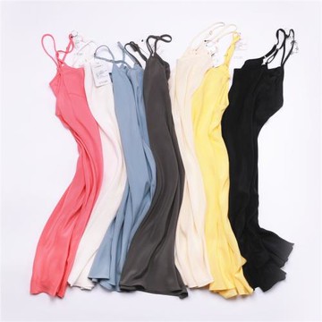 夏季新款百搭桑蠶絲打底裙 純色雙縐真絲吊帶裙修身內搭連衣裙女