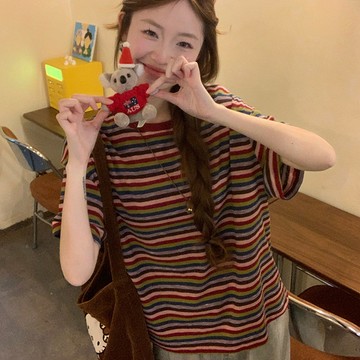 復古條紋正肩圓領短袖T恤女夏季新款韓版撞色百搭寬鬆oversize上衣