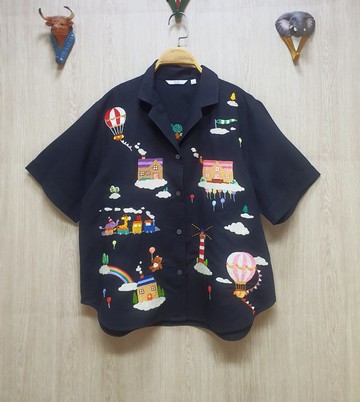 手工刺繡襯衫、黑色、亞麻麵料、氣球、幻想、天空之家