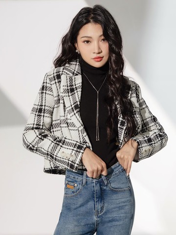 翻領格紋短版長袖針織西裝外套