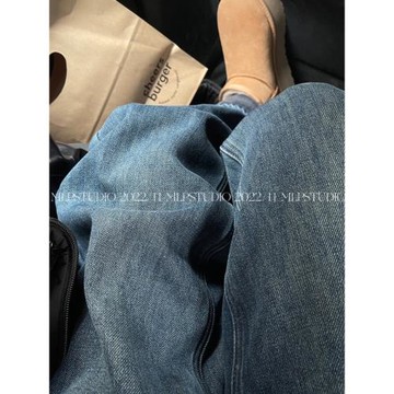 MLPSTUDIO 復古水洗藍加絨直筒拖地牛仔褲 顯瘦直腿神褲