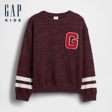 【GAP】男幼童裝|刺繡圓領長袖針織衫-暗紅色(815539)