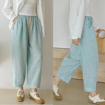 設計所在 獨家高端限量系列 100%長纖亞麻色織格紋休閒寬褲(S-L可選)