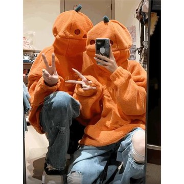 南瓜頭羊羔絨衛衣男女卡通情侶款小眾設計感可愛搞怪秋冬連帽外套