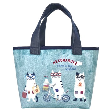 kUSUgURU JAPAN 日本眼鏡貓 可愛時尚寬底輕便購物包 貓丸款  藍綠色  約 高21cm x 寬23cm x 深度13cm