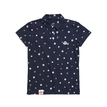 江戶勝 日系 女裝 富士山 滿版印花短袖POLO衫(丈青色) #上衣